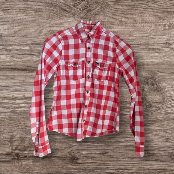 Abercrombie Kids Orange and White Plaid Button-Down Shirt Size 8 - Picture 1 of 7